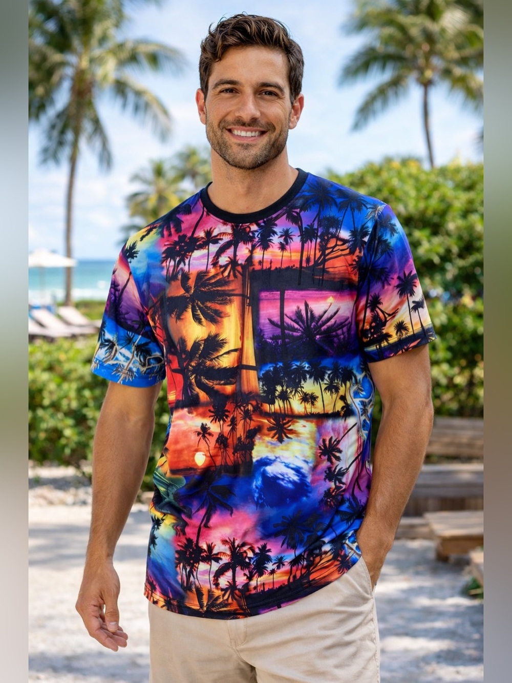 GOOD VIBES Tropical Sunset Palm Print Short Sleeve Tee - Multicolor - Mens XL